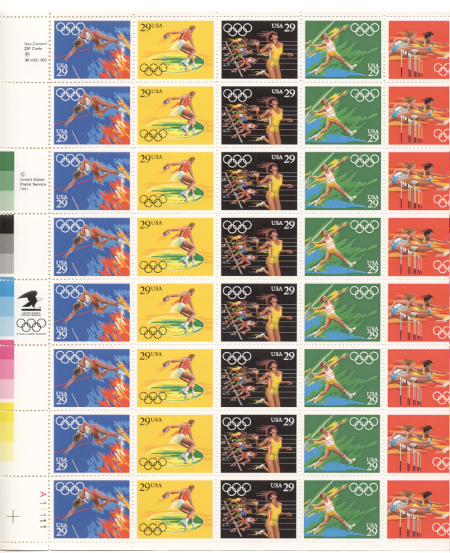 1991 Summer Olympics 29 Cents Stamps Full Sheet Scott 2553, 2554, 2555, 2556, and 2557