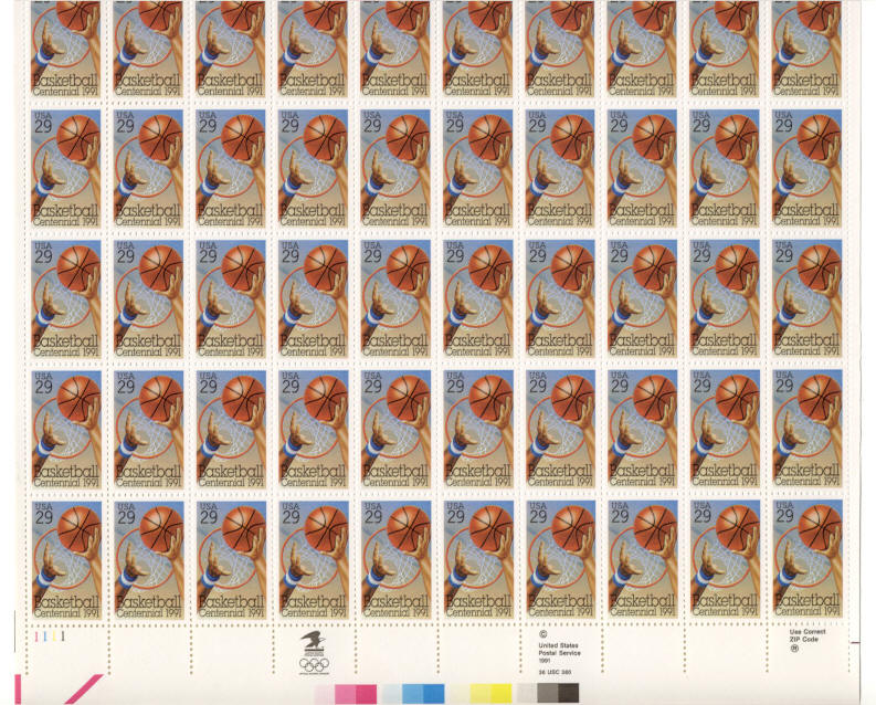 1991 Basketball Centennial 29 Cents Stamps Full Sheet Scott 2560