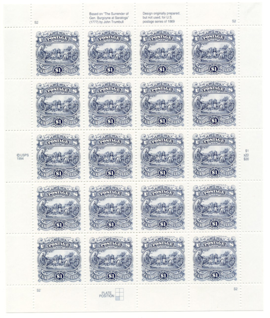 Surrender of General Burgoyne at Saratoga 1 Dollar Stamps Full Sheet Scott 2590