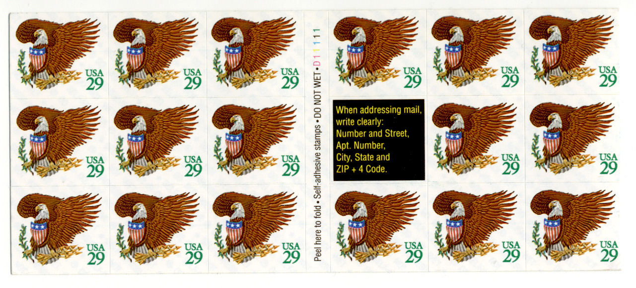 Eagle and Shield Green Numerals 29 Cent Stamps Pane of 17 Self Adhesive Scott 2596