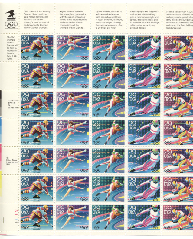 Scott 2611 through 2615 29 Cents Stamps 1992 Winter Olympics Full Sheet