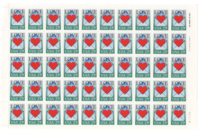 Scott 2618 Heart In Envelope 29 Cents Love Stamps Full Sheet