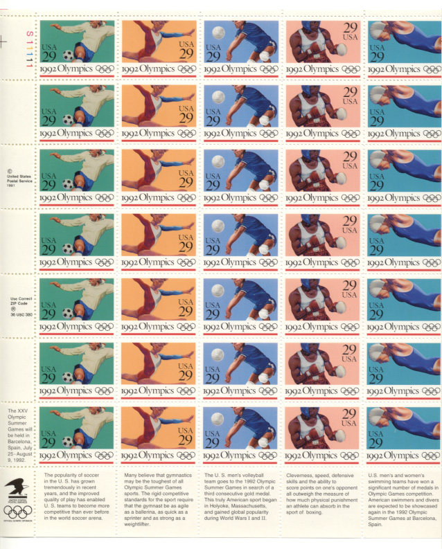 Scott 2637 through 2641 1992 Summer Olympics 29 Cents Stamps Full Sheet