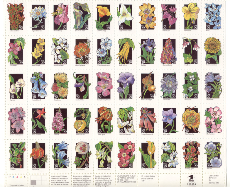 Scott 2647 through 2696 Wildflowers 29 Cents Stamps Full Sheet