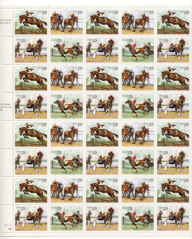 Scott 2756 through 2759 Horse Racing 29 Cents Stamps Full Sheet