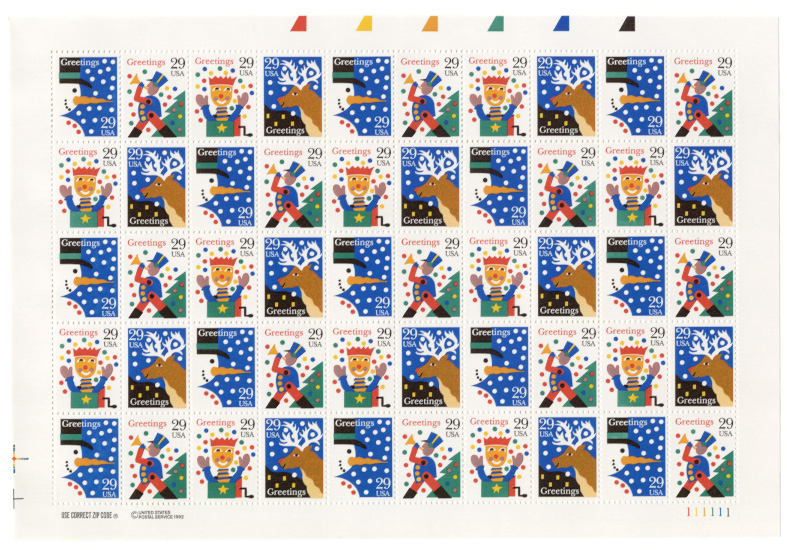 Scott 2791 through 2794 Christmas Greetings Snow 29 Cents Christmas Stamps Full Sheet