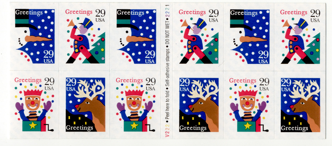 Scott 2799 through 2802 Christmas Greetings Snow 29 Cent Christmas Stamps Pane of 18