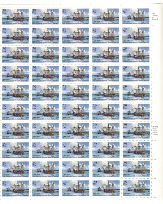 Scott 2805 Columbus Landing in Puerto Rico 29 Cents Stamps Full Sheet