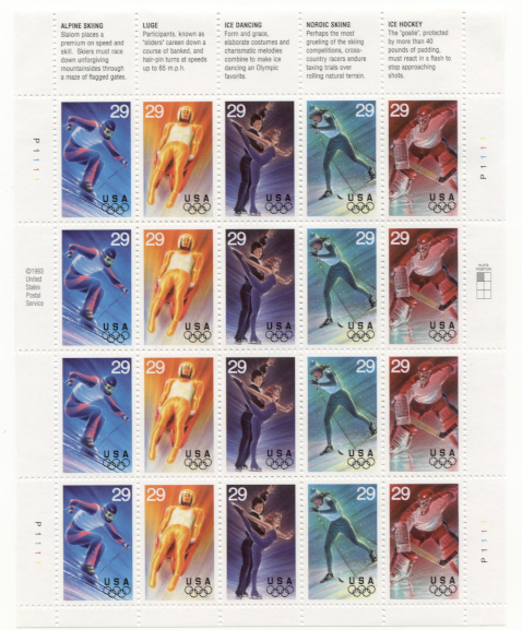 Scott # 2807 through 2811 1993 Winter Olympics 29 Cents Stamps Full Sheet