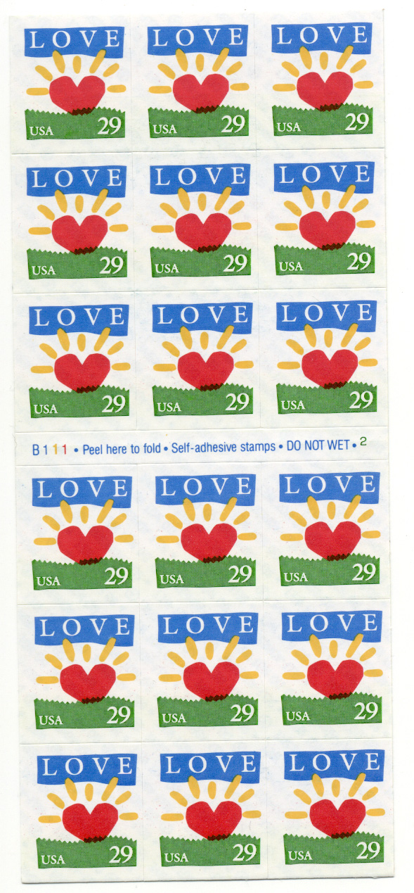 Scott 2813 Sunshine Heart 29 Cent Love Stamps Pane of Eighteen