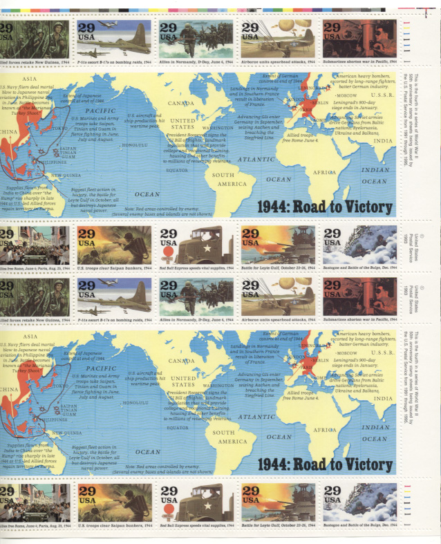 Scott 2838 World War II 1944 29 Cents Stamps Full Sheet
