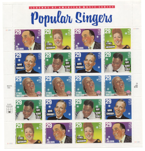 Scott 2849 through 2853 Popular Singers 29 Cents Stamps Full Sheet