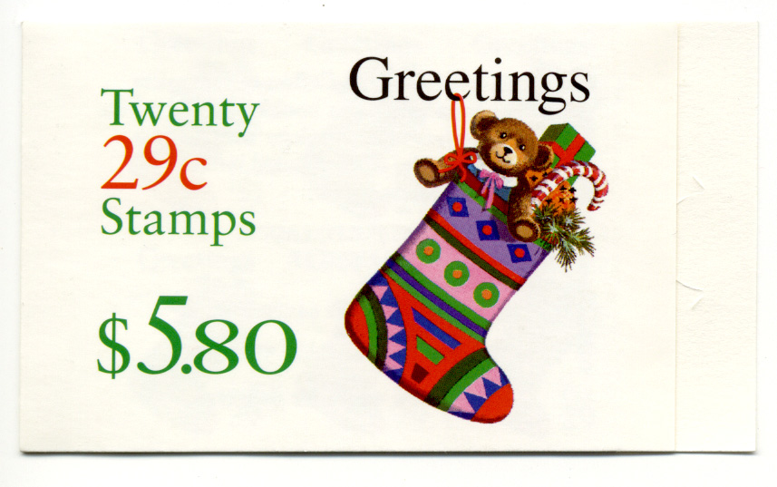 Scott 2871A Teddy Bear in Stocking Christmas 29 Cent Stamp Booklet of Twenty