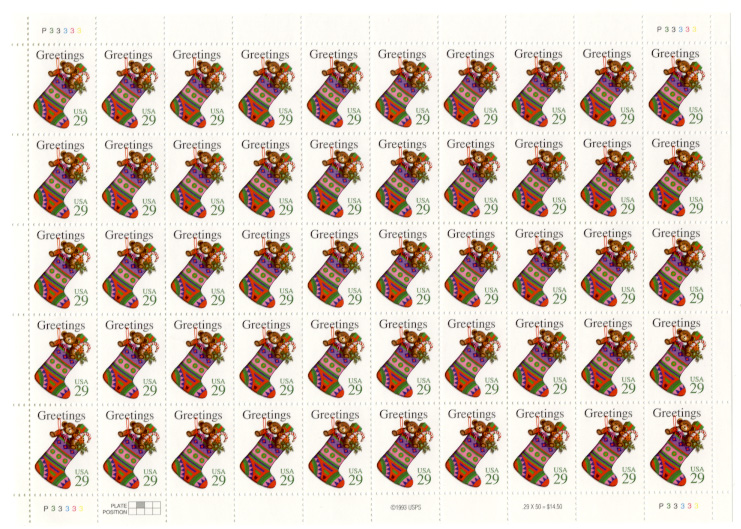 Scott 2872 Teddy Bear In Stocking 29 Cents Christmas Stamps Full Sheet