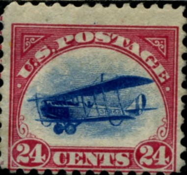 Scott C3 Carmine and Blue Jenny Biplane 24 Cent Airmail Stamp
