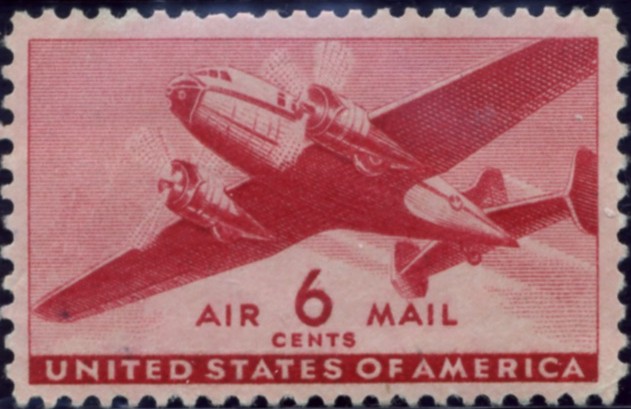 Scott C25 Carmine Transport Plane 6 Cent Airmail Stamp