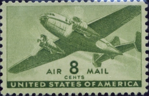 Scott C26 Olive Green Transport Plane 8 Cent Airmail Stamp