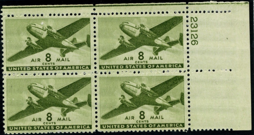 Scott C26 Olive Green Transport Plane 8 Cent Airmail Stamp Plate Block