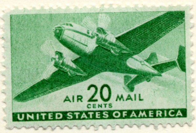 Scott C29 Bright Green Transport Plane 20 Cent Airmail Stamp a