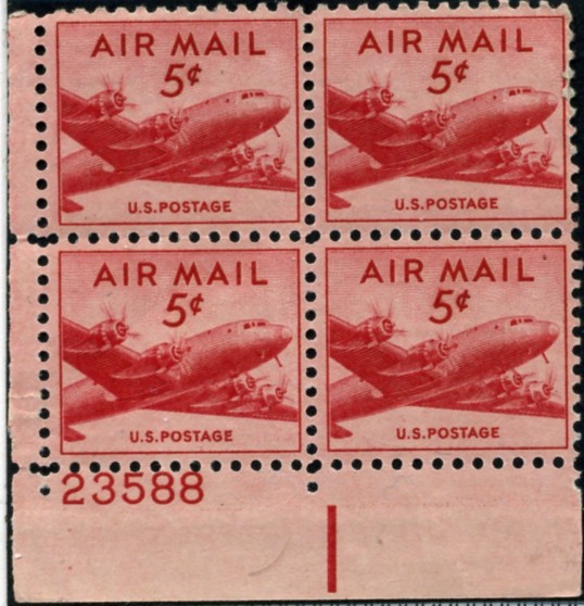 Scott C33 DC-4 Skymaster Small 5 Cent Airmail Stamp Plate Block