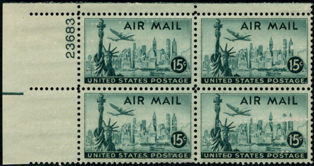 Scott C35 New York Skyline 15 Cent Airmail Stamp Plate Block