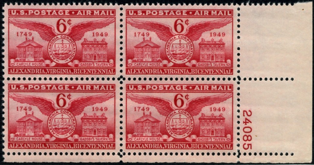 Scott C40 Alexandria Virginia Bicentennial 6 Cent Airmail Stamp Plate Block