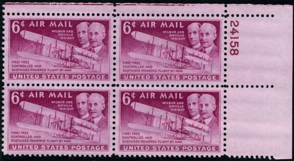 Scott C45 Wright Brothers 6 Cent Airmail Stamp Plate Block