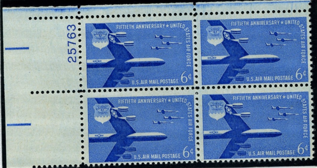 Scott C49 Air Force 50th Anniversary 6 Cent Airmail Stamp Stamp Plate Block