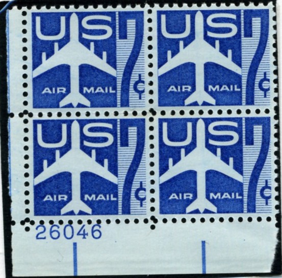 Scott C51 Jetliner Silhouette Blue 7 Cent Airmail Stamp Plate Block