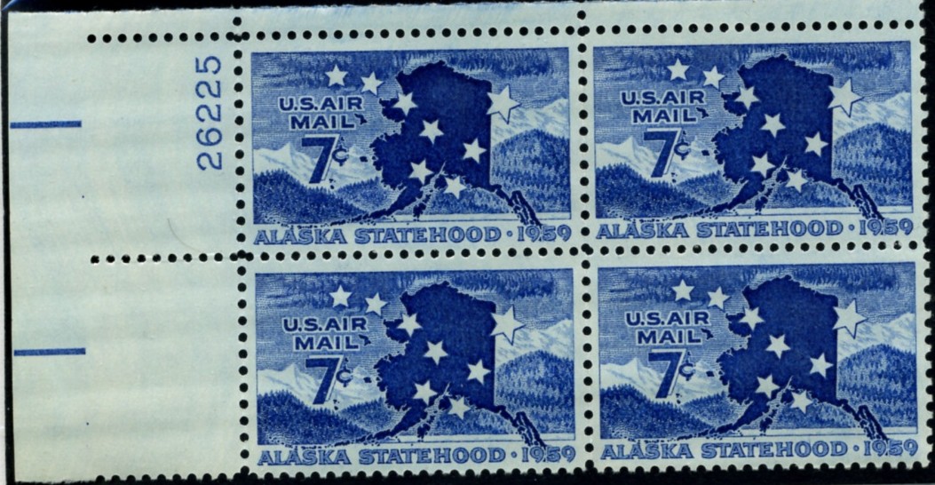 Scott C53 Alaska Statehood 7 Cent Airmail Stamp Plate Block