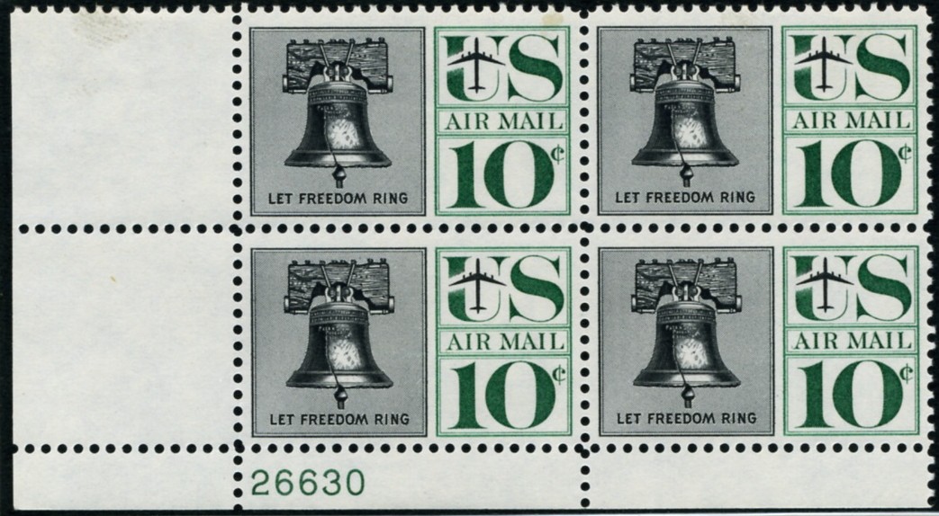 Scott C57 Liberty Bell 10 Cent Airmail Stamp Plate Block