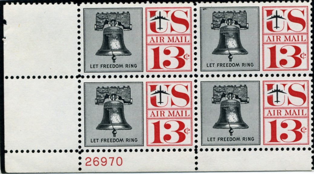 Scott C62 Liberty Bell 13 Cent Airmail Stamp Plate Block