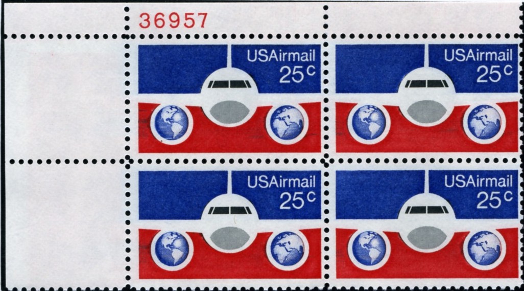 Scott C89 Jetliner and Globes 25 Cent Airmail Stamp Plate Block