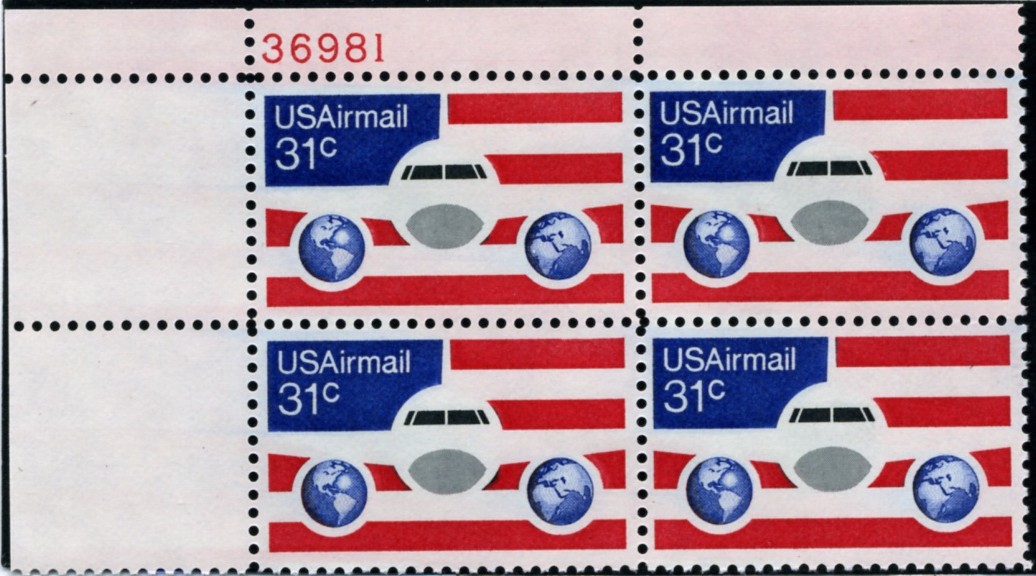 Scott C90 Jetliner Stars and Stripes 31 Cent Airmail Stamp Plate Block