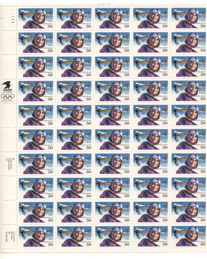 Scott C128 Harriet Quimby 50 Cents Airmail Stamps Full Sheet