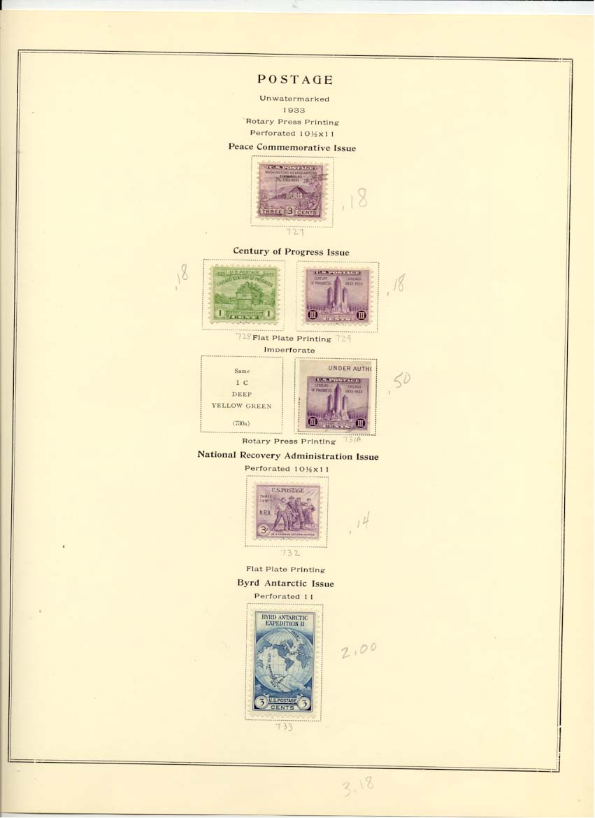 Postage Stamps Scott 727 728 729 731a 732 733
