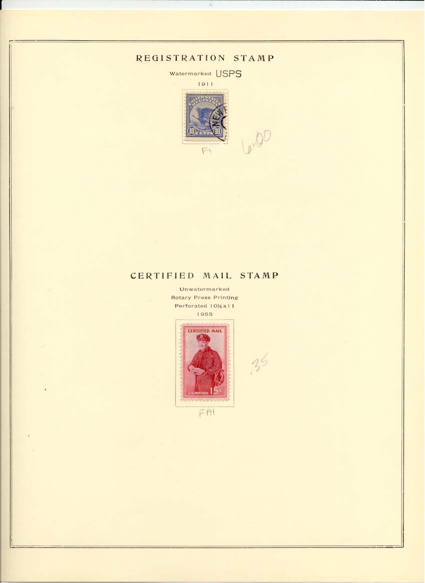 Registration and Certified Mail Stamps Catalog F1 and FA1