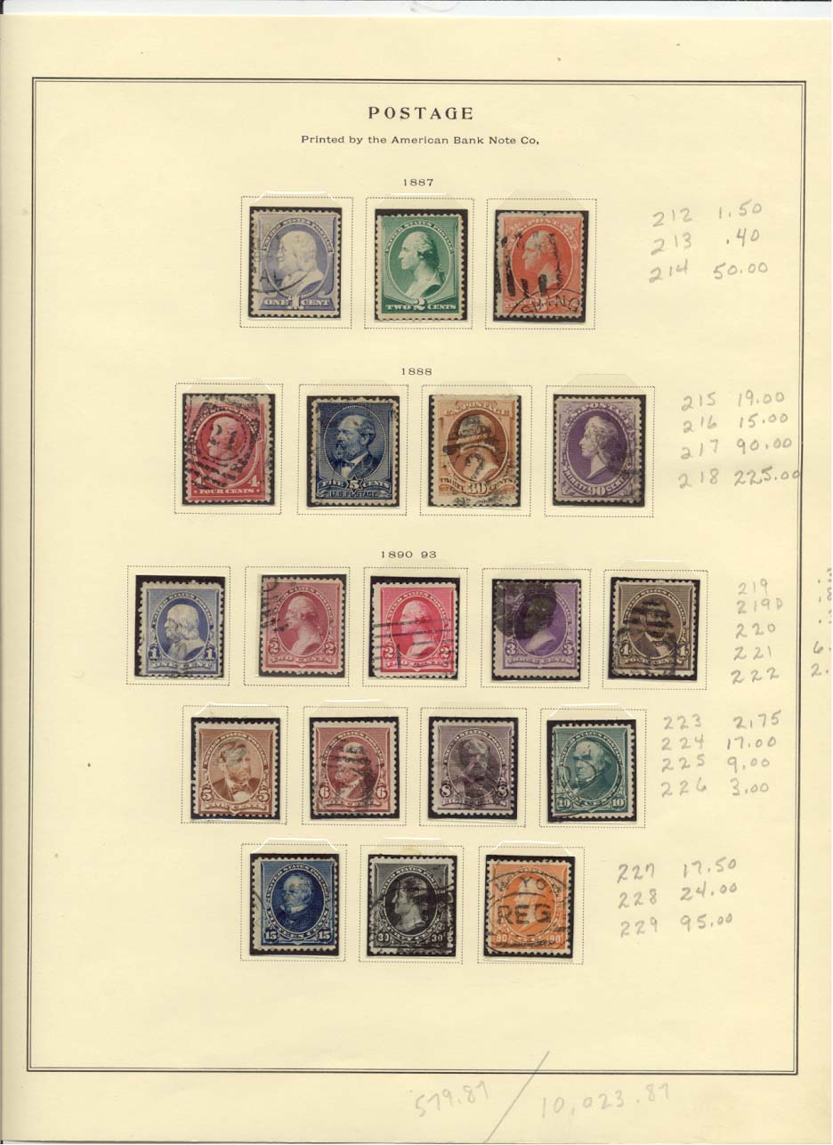Postage Stamps Scott #212, 213, 214, 215, 216, 217, 218, 219, 219D, 220, 221, 222, 223, 224, 225, 226, 227, 228, 229