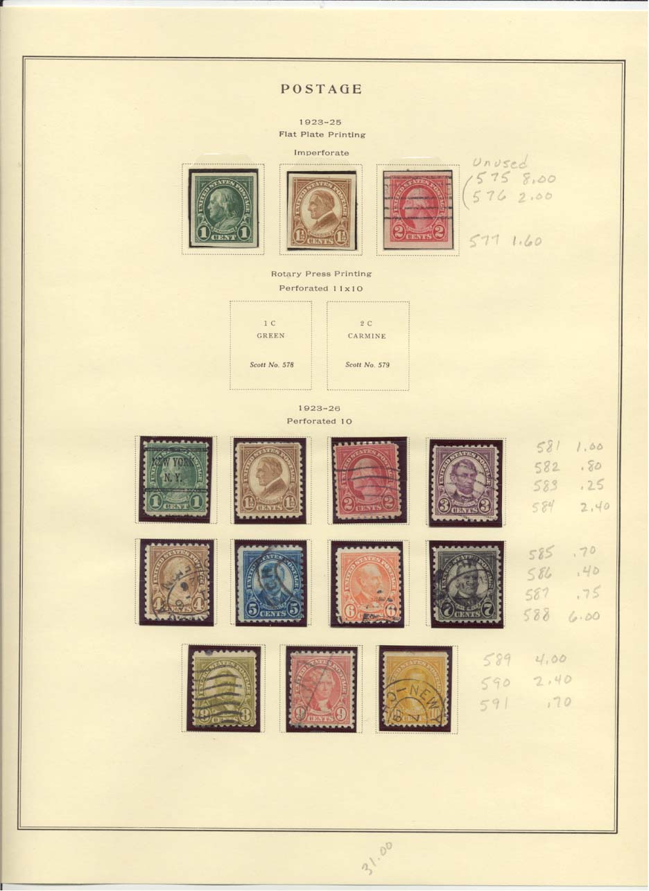 Postage Stamps Scott #575, 576, 577, 581, 582, 583, 584, 585, 586, 587, 588, 589, 590, 591