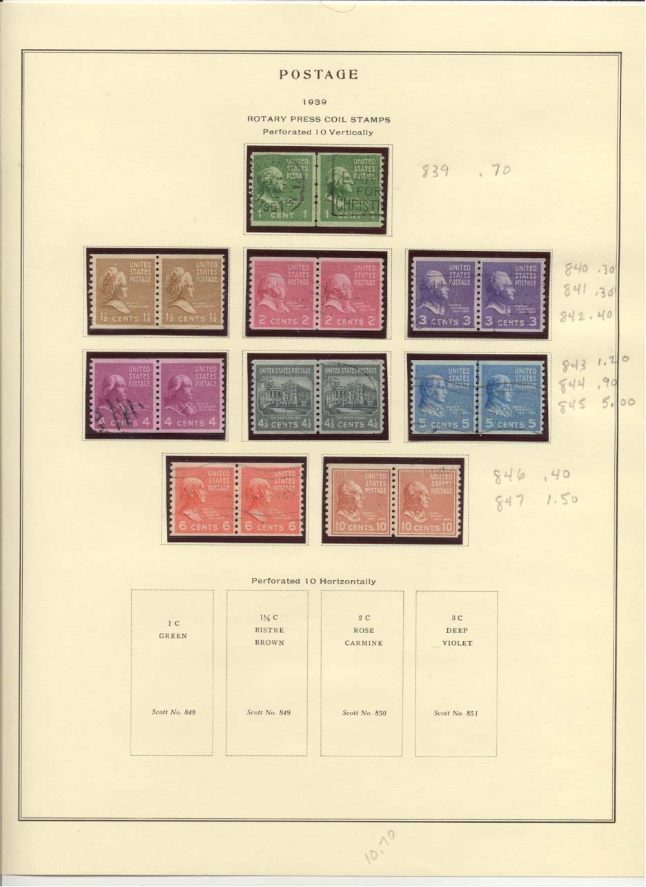 Postage Stamps Scott #839, 840, 841, 842, 843, 844, 845, 846, 847