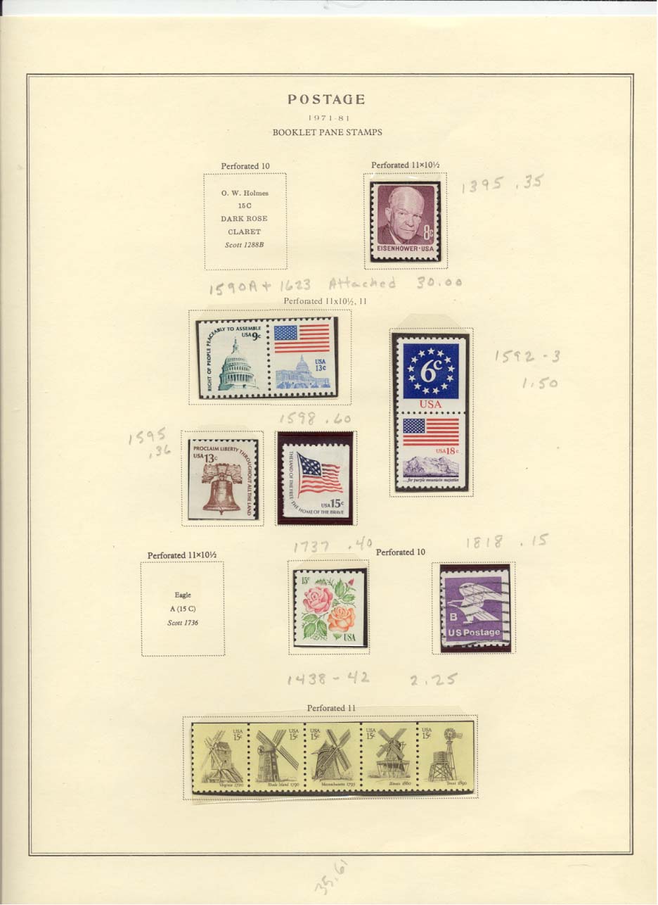 Postage Stamps Scott #1395, 1590A + 1623 attached, 1592-1593, 1595, 1598, 1737, 1818, 1438-1442