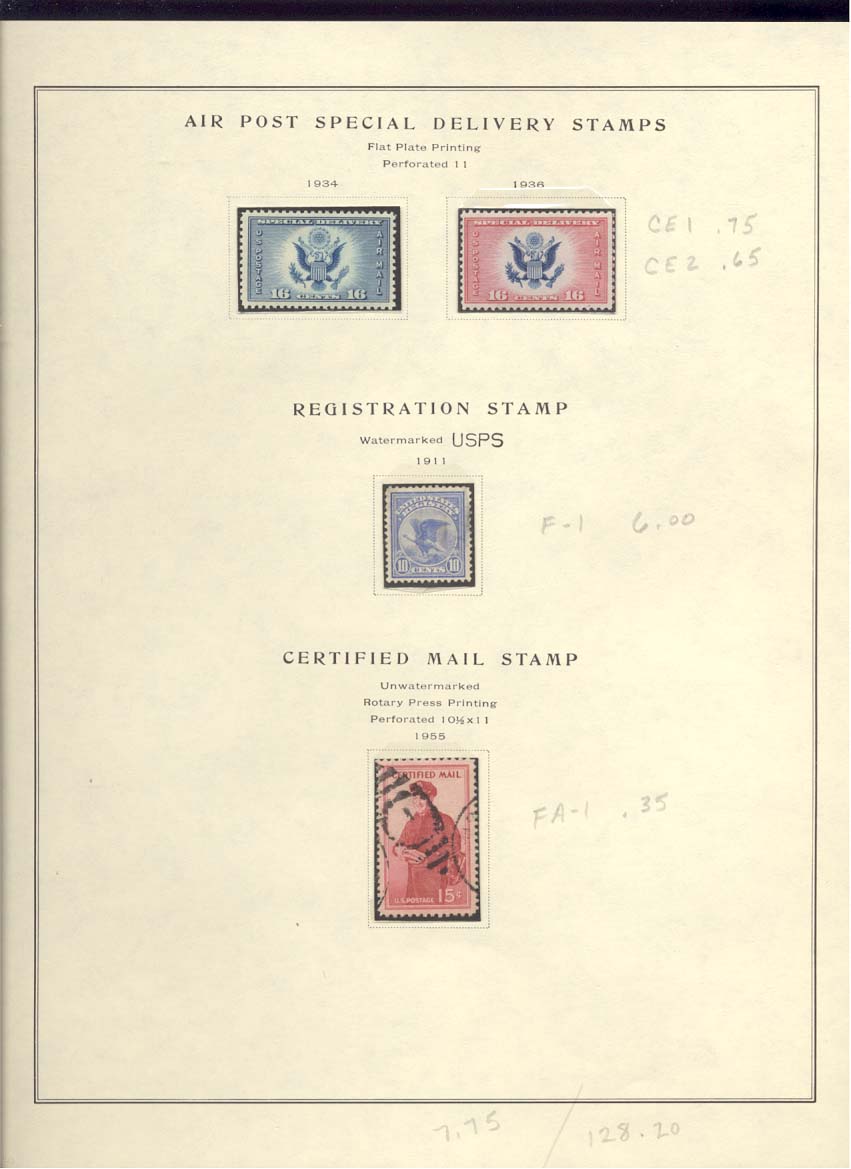 Air Post Special Delivery Registration and Certified Mail Stamps Scott #CE1 CE2 F1 FA1