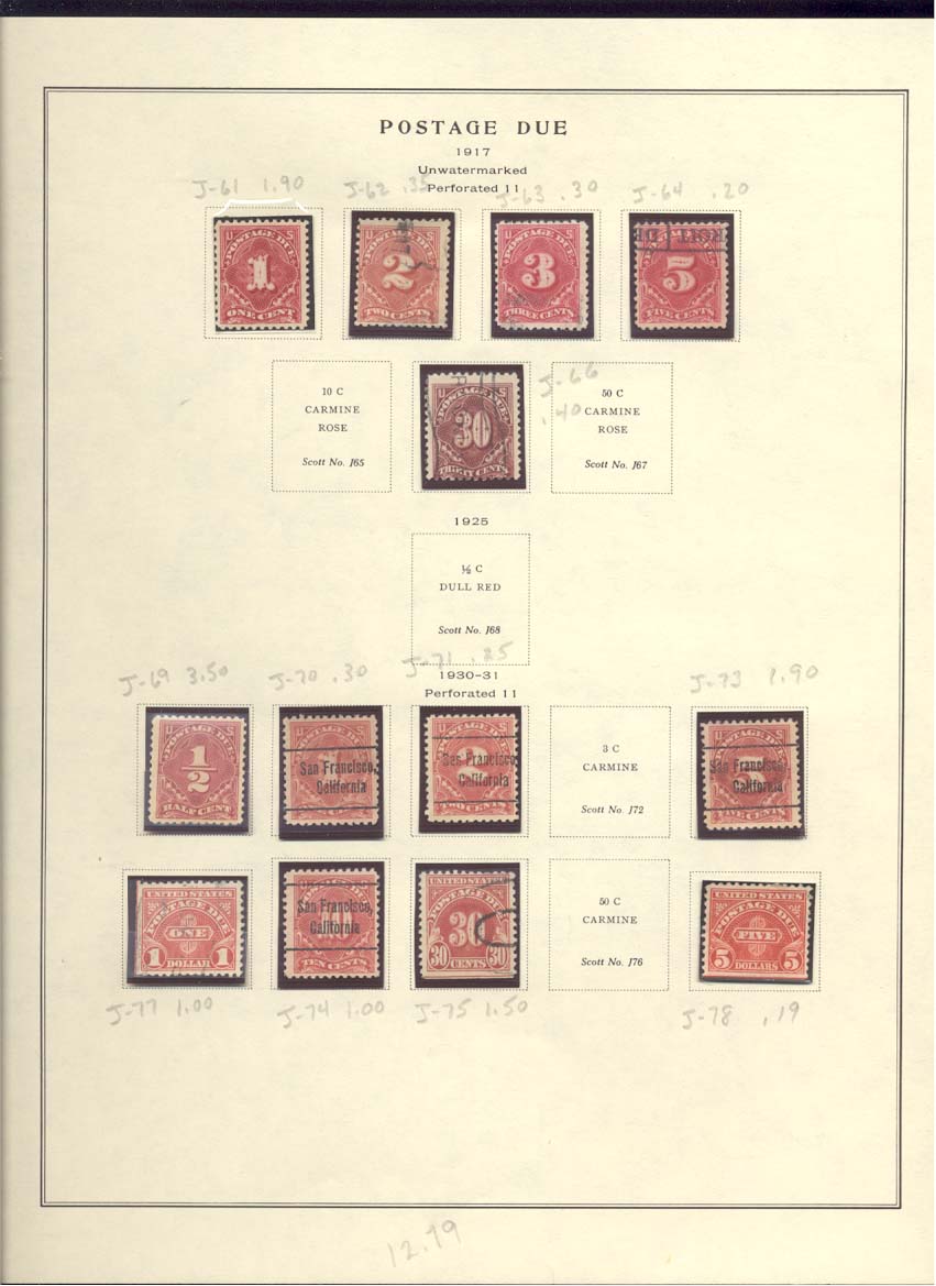 Postage Due Stamps Scott #J61, J62, J63, J64, J66, J69, J70, J71, J73, J77, J74, J75, J78