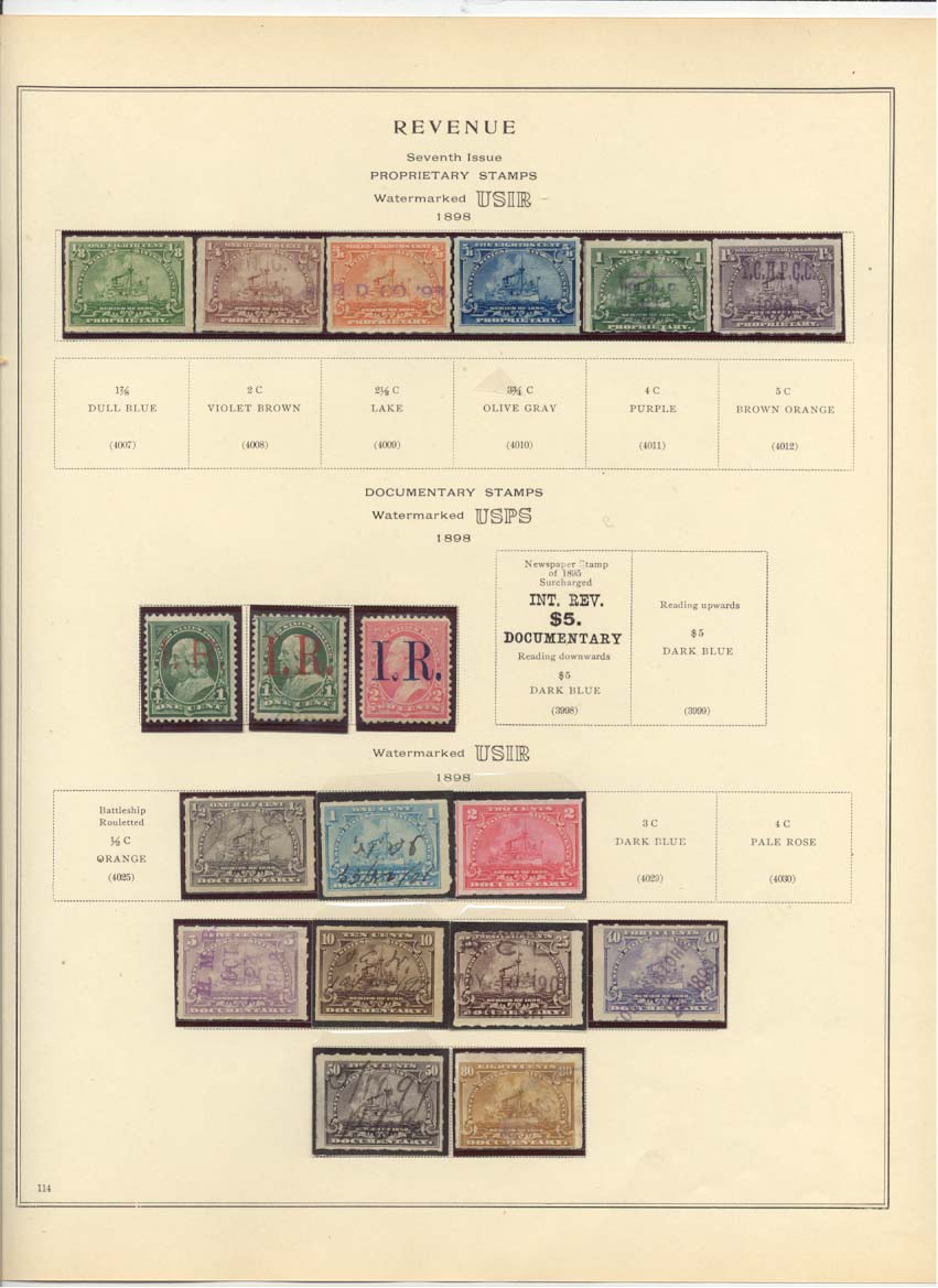 Seventh Issue Proprietary and Documentary Revenue Stamps Catalog #4001, 4002, 4003, 4004, 4005, 4006, 3995, 3996, 3997, 4026, 4027, 4028, 4031, 4032, 4033, 4034, 4035, 4036
