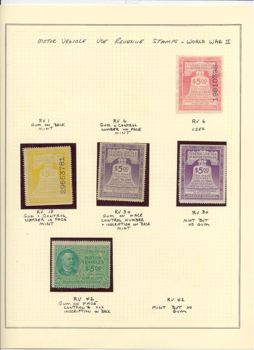 Motor Vehicle Use Revenue Stamps Catalog #RV6, RV18, RV30, RV42
