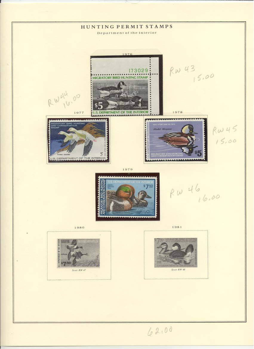 Hunting Permit Duck Stamps Scott #RW43, RW44, RW45, RW46