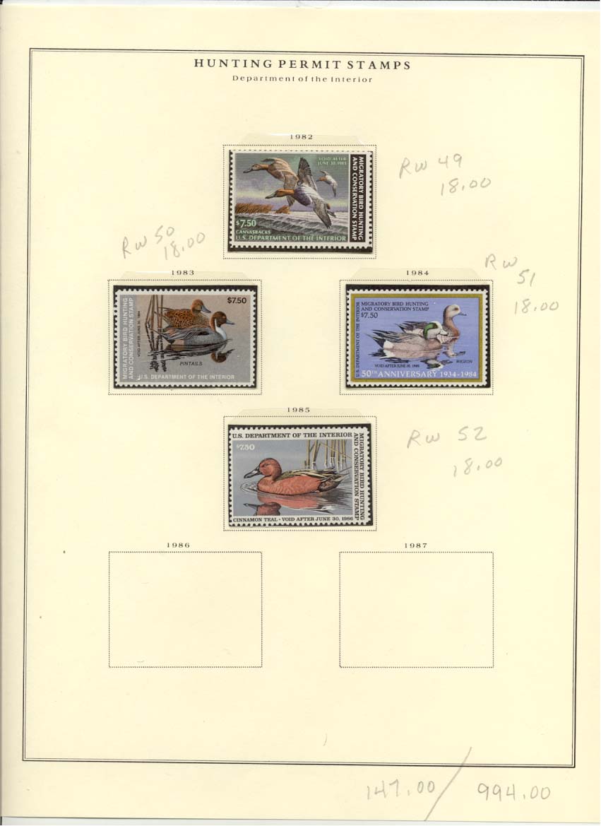 Hunting Permit Duck Stamps Scott #RW49, RW50, RW51, RW52