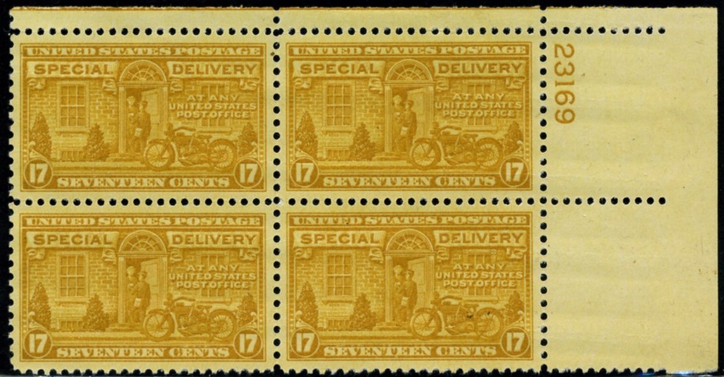 Scott E18 17 Cent Special Delivery Stamp Motorcycle Messenger Plate Block