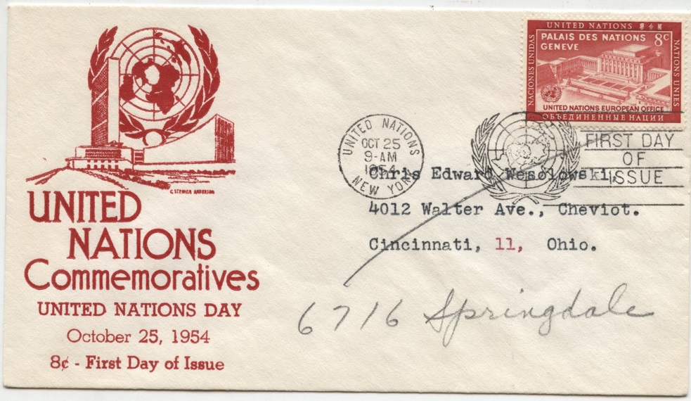 Scott 28 8 Cent United Nations European Office Stamp First Day Cover #a
