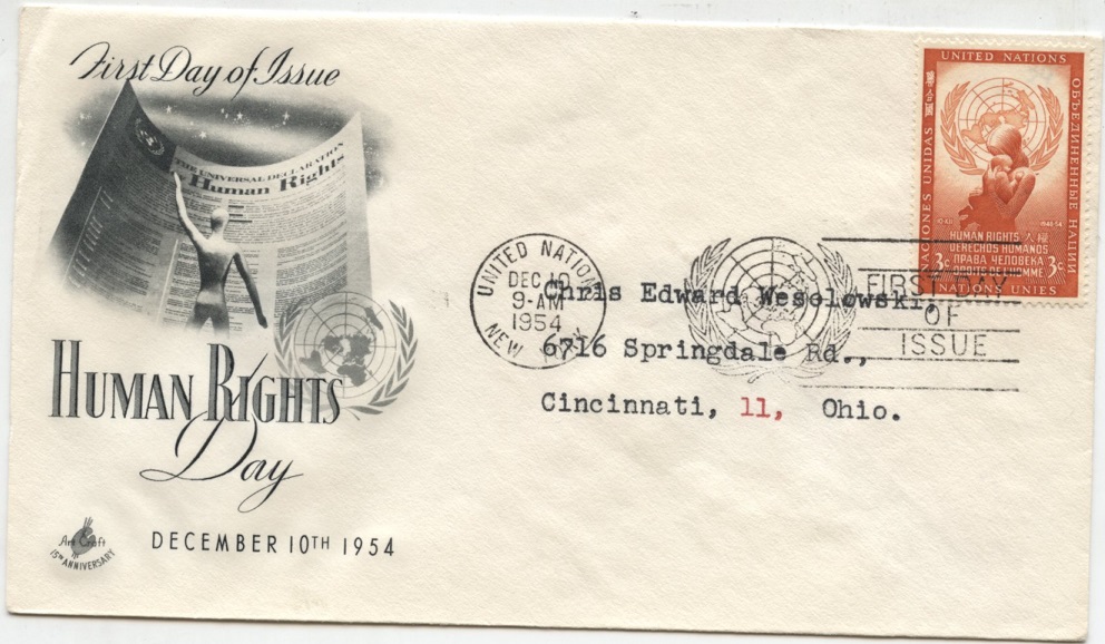 Scott 29 3 Cent United Nations Human Rights Day Stamp First Day Cover